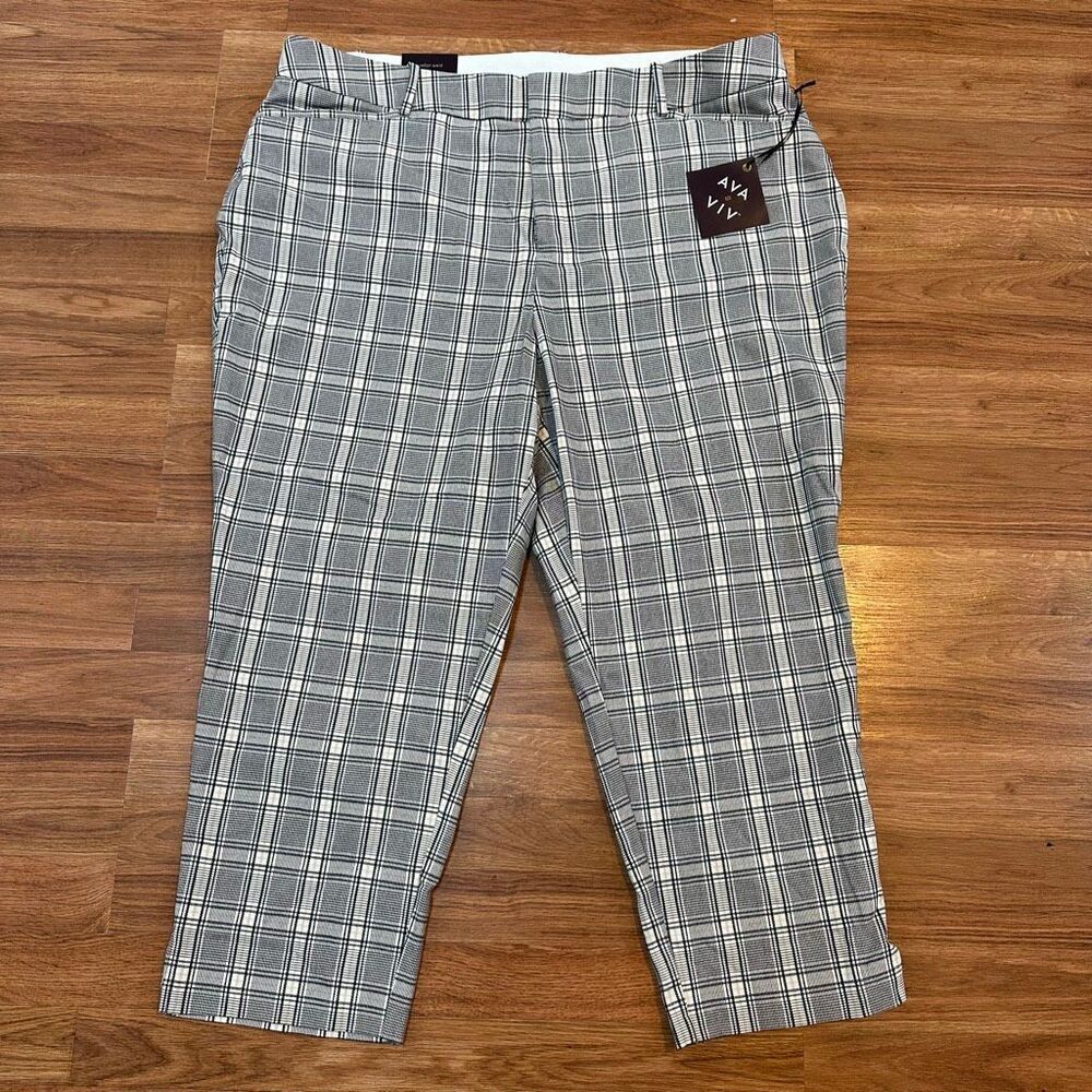 AVA & VIV Plaid Pants Stretch High Rise Fitted Hip & Thigh Black and White | Wom